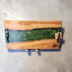 Cherry Wood and Emerald Green River Tray with Sea Shells Embedded