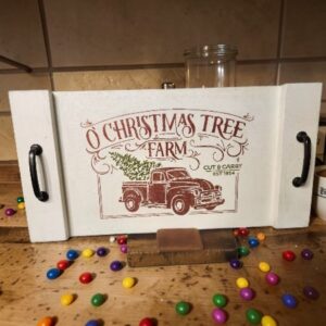 White Holiday Serving Tray with 'Christmas Tree Farm' Stencil