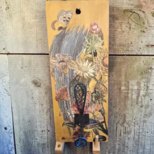 Apron Hook on Wood in Yellow with Decorative Transfers
