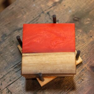 Set of 4 Walnut and Vibrant Red Epoxy Resin Coaster set with base.
