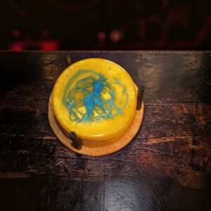 Set of 4 Round Yellow Epoxy Resin Coasters with swirl of Azure Blue