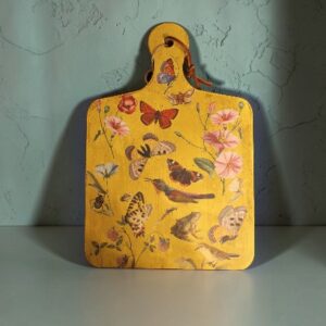 Small Wooden Hand-Painted Yellow Cutting Board with Butterfly and Flower Transfers